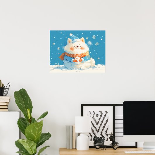 Cozy Samoyed Dog with Mini Snowman Poster (Thuiskantoor)