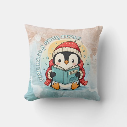 Cozy Scholar Penguin Reading Book Throw Pillow Kussen (Voorkant)