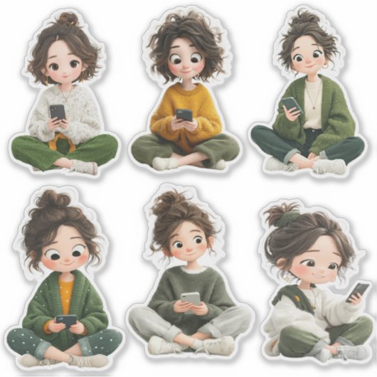 Cozy Sitting Chibi Girl Sticker Sheet  (Voorkant)