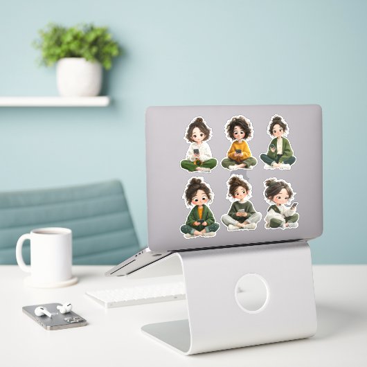 Cozy Sitting Chibi Girl Sticker Sheet  (Laptop op bureau)