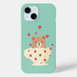 Cozy Smiling Teddy Bear in Polka Dot Teacup iPhone 15 Case