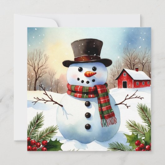 Cozy Snowman Farm Watercolor Christmas Flat Kaart (Voorkant)