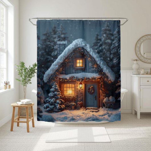 Cozy Snowy Cabin Christmas Winter Forest Douchegordijn