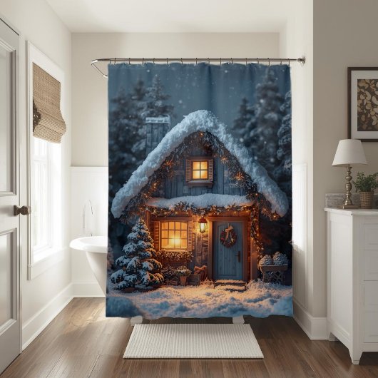 Cozy Snowy Cabin Christmas Winter Forest Douchegordijn