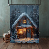 Cozy Snowy Cabin Christmas Winter Forest Douchegordijn