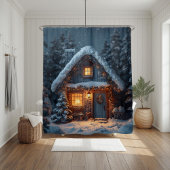 Cozy Snowy Cabin Christmas Winter Forest Douchegordijn