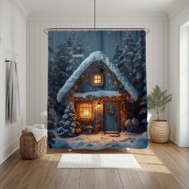 Cozy Snowy Cabin Christmas Winter Forest Douchegordijn