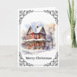 Cozy Snowy Victorian House – Merry Christmas Card Kaart