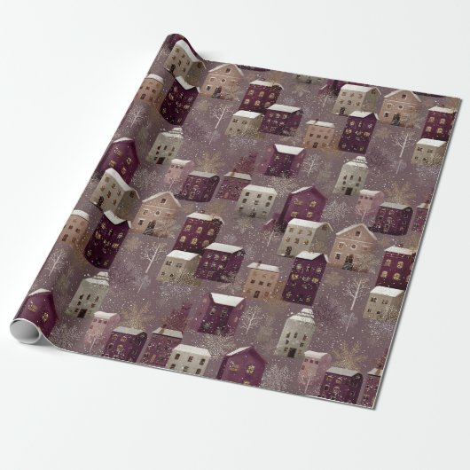 Cozy Snowy Winter Village Pattern (1) Cadeaupapier (Uitgerold)