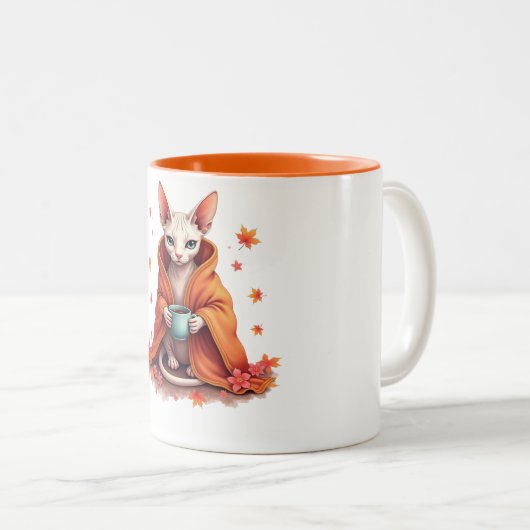 Cozy Sphynx Cat Mug - Autumn Fall Blanket & Coffee Tweekleurige Koffiemok (Voorkant rechts)