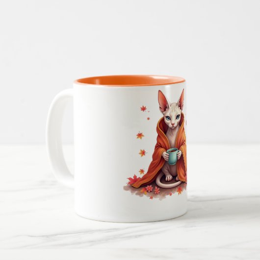 Cozy Sphynx Cat Mug - Autumn Fall Blanket & Coffee Tweekleurige Koffiemok (Voorkant links)