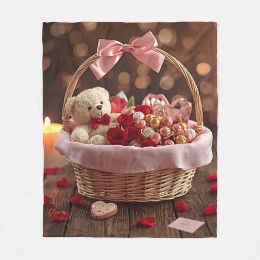 Cozy Teddy Rose Basket Romantic Valentine Fleece Deken (Voorkant)