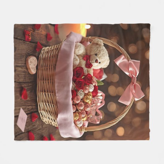 Cozy Teddy Rose Basket Romantic Valentine Fleece Deken (Voorkant (Horizontaal))