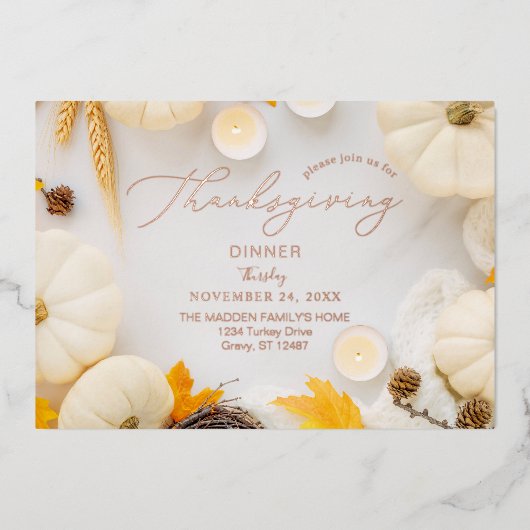 Cozy Thanksgiving Pumpkin Dinner Folie Uitnodiging (Voorkant)