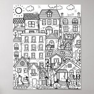 Cozy Town Cute Funny Cats Doodle Adult Colour Poster