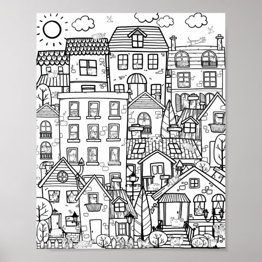 Cozy Town Cute Funny Cats Doodle Adult Colour Poster (Voorkant)