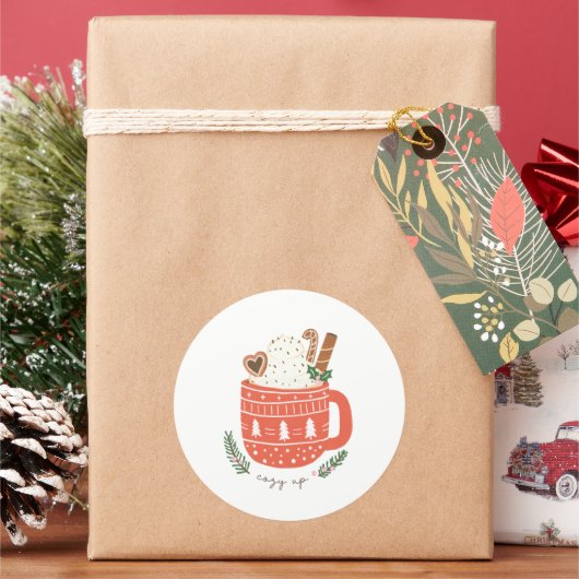 Cozy Up Hot Cocaca Mok kerstfeestdag Ronde Sticker (Feestdagen)