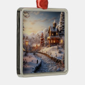 Cozy Village at Christmas illustration Metalen Ornament (Rechts)
