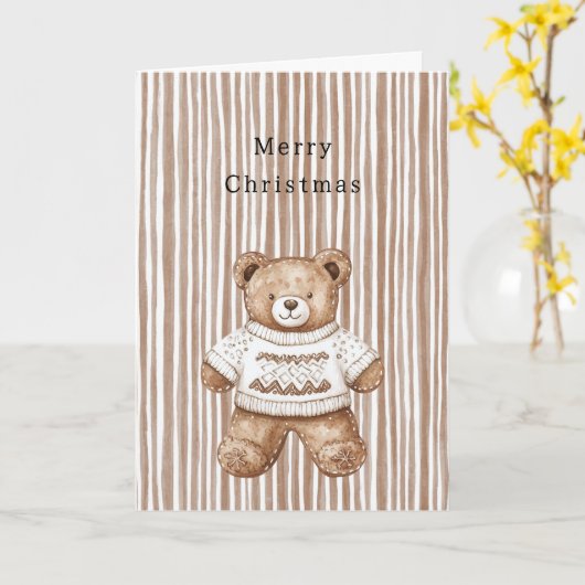 Cozy Warm Christmas Cute Happy Teddy Bear Stripes Kaart (Gele Bloem)