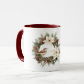 Cozy Warm Christmas Poinsettia Pine Cones Bird Mok (Voorkant links)