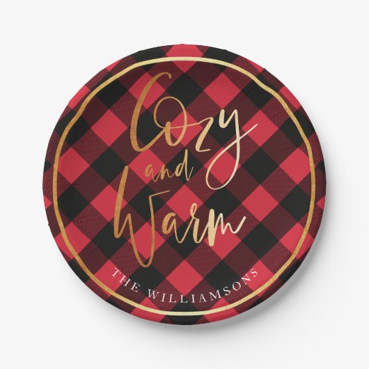 Cozy & Warm script | Rode Buffalo met kerstmis Papieren Bordje (Voorkant)