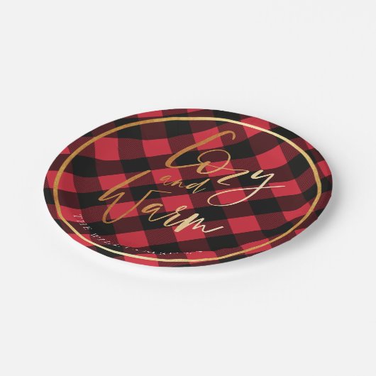 Cozy & Warm script | Rode Buffalo met kerstmis Papieren Bordje (Gekanteld)