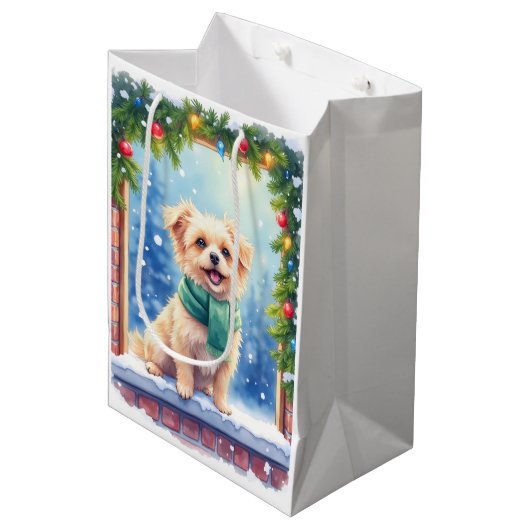 Cozy Watercolor Affenpinscher Christmas Snowy Medium Cadeauzakje (Voorkant Gekanteld)