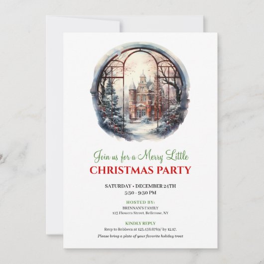 Cozy watercolor christmas scene party invitation kaart (Voorkant)