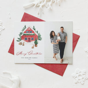 Cozy Waterverf Red Kerstmis Foto Feestdagenkaart