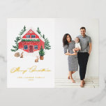 Cozy Waterverf Red Kerstmis Foto Folie Feestdagen Briefkaart<br><div class="desc">Vrolijk kerstfeest! Met dit aanpasbare gouden folie kerstbriefkaart kunt u uw familie en vrienden warm kerstcadeautjes sturen. Het is voorzien van een waterverf rood kerstcadeautje met een griezelige winterwonderlandscène. Pas deze waterverf het briefkaart van de Kerstmis aan door uw eigen details toe te voegen. Deze luie kerstkaartje is beschikbaar op...</div>