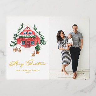 Cozy Waterverf Red Kerstmis Foto Folie Feestdagen Briefkaart