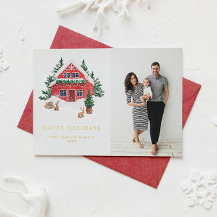 Cozy Waterverf Red Winter Cottage Prettige feestda Folie Feestdagenkaart