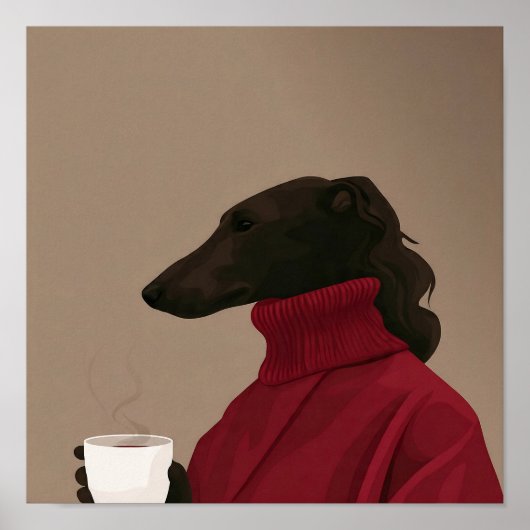 Cozy Whippet Drinking Coffee - Minimalist Dog  Poster (Voorkant)
