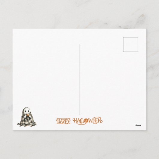 Cozy White Ghost Rustic Herfst Porch Halloween Vib Feestdagenkaart (Achterkant)