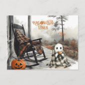 Cozy White Ghost Rustic Herfst Porch Halloween Vib Feestdagenkaart (Voorkant)