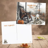 Cozy White Ghost Rustic Herfst Porch Halloween Vib Feestdagenkaart