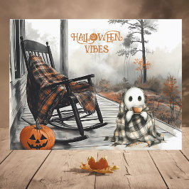 Cozy White Ghost Rustic Herfst Porch Halloween Vib Feestdagenkaart