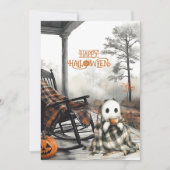 Cozy White Ghost Rustic Herfst Porch Happy Hallowe Feestdagenkaart (Voorkant)
