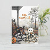 Cozy White Ghost Rustic Herfst Porch Happy Hallowe Feestdagenkaart (Staand voorkant)