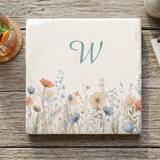 Cozy Wildflower Meadow Monogram – Botanical  Stenen Onderzetter