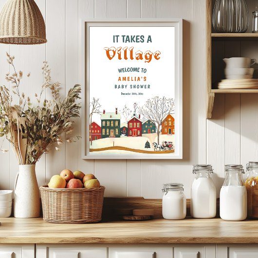 Cozy Winter Baby Shower Welcome Snowy Village Poster