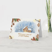 Cozy Winter Cabin Christmas Scene with Snowy Trees Feestdagen Kaart (Voorkant)