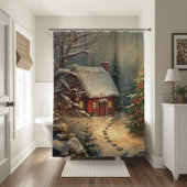 Cozy Winter Cabin Christmas Tree Watercolor Snowy  Douchegordijn