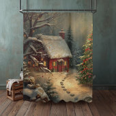 Cozy Winter Cabin Christmas Tree Watercolor Snowy  Douchegordijn