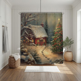 Cozy Winter Cabin Christmas Tree Watercolor Snowy  Douchegordijn