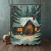 Cozy Winter Cabin in Forest Christmas Douchegordijn