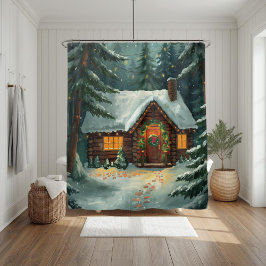 Cozy Winter Cabin in Forest Christmas  Douchegordijn