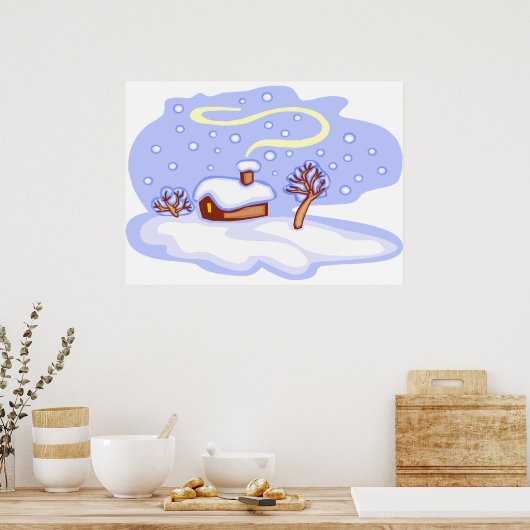 Cozy Winter Cabin in Snow Frosty Landscape Poster (Keuken)