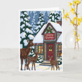 Cozy Winter Cabin with Deer Family Kaart (Gele Bloem)