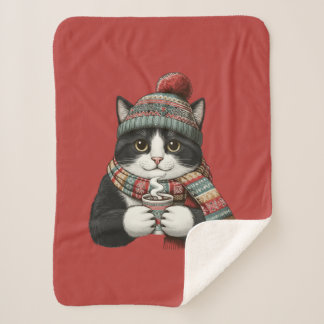 Cozy Winter Cat Cocoa Sherpa Deken